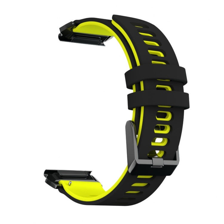 Silicone watchband with black strap and neon yellow quick-release connectors