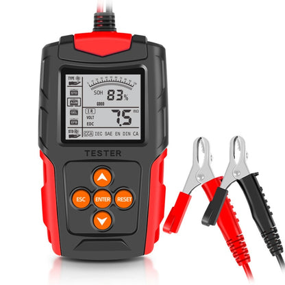 Car battery tester/analyzer with digital screen showing 83% charge and orange buttons