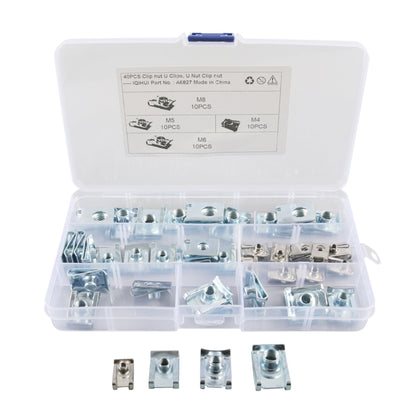 Clip nut assortment in clear organizer box, galvanized B-shaped nuts with threaded inserts