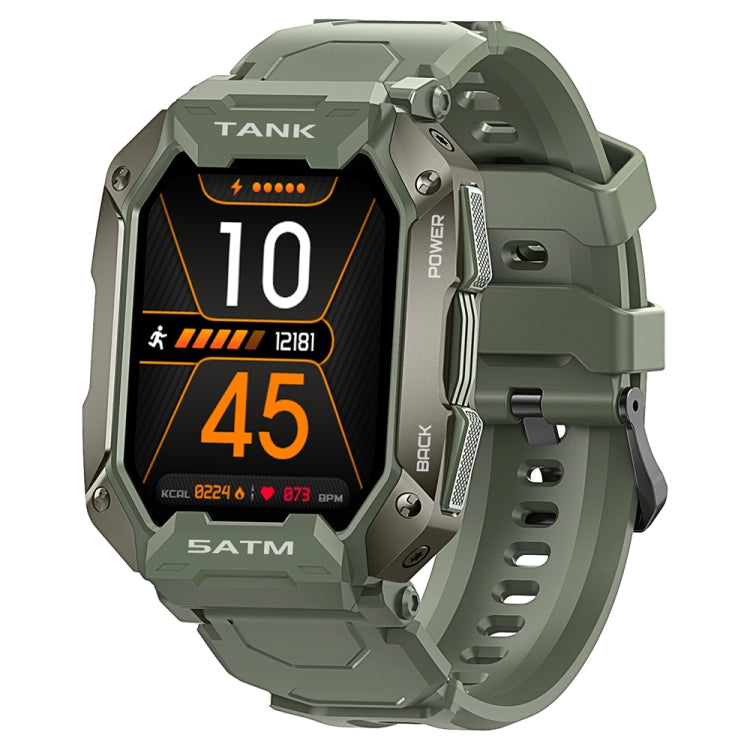 Rugged army green smartwatch with square face and orange digital display on black screen