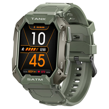 Rugged army green smartwatch with square face and orange digital display on black screen