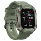 Army green rugged smartwatch, angled view, with heart and stats on dark screen