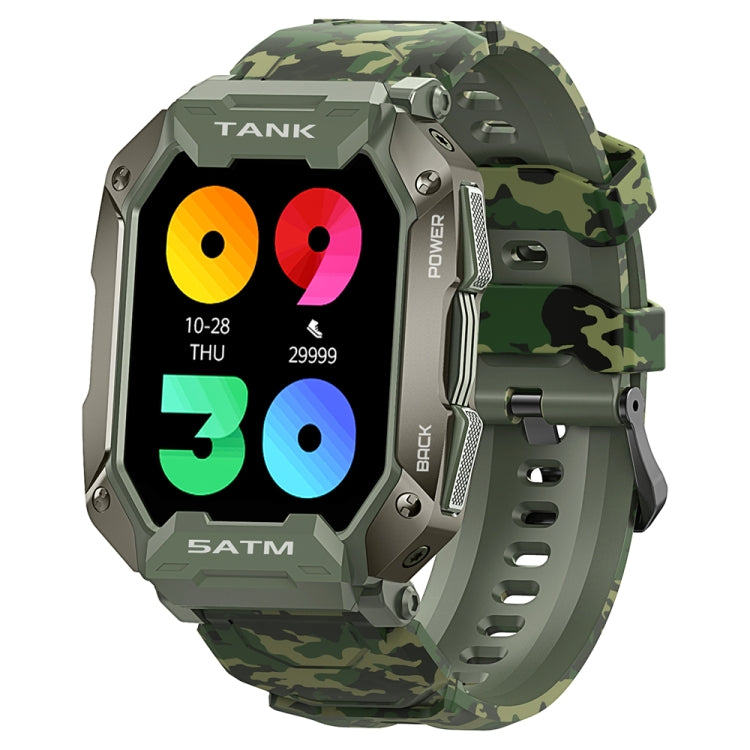 Camouflage green rugged smartwatch with colorful app-style icons on bright display