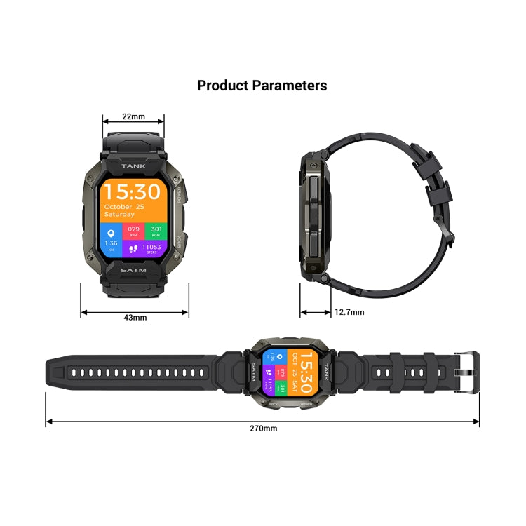 Rugged green smartwatch with band shown with size and side-profile diagram