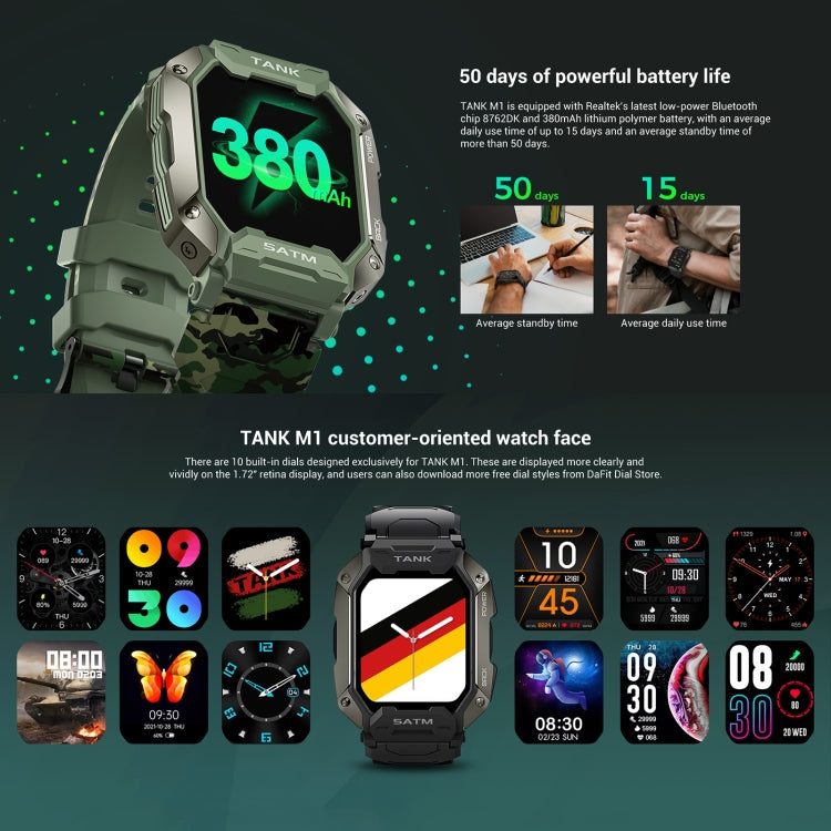 Army green rugged smartwatch with large battery-life graphic and multiple watch faces