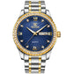 Two-tone stainless steel wristwatch with blue dial, crystal bezel, and Roman numerals