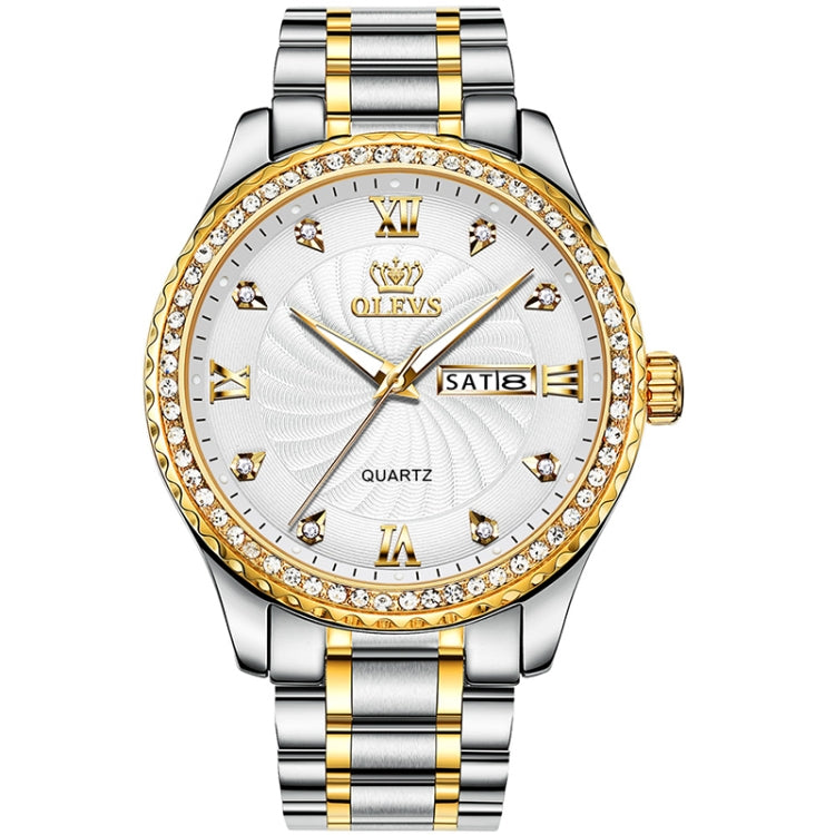 Two-tone stainless steel wristwatch with white dial, crystal bezel, and Roman numerals