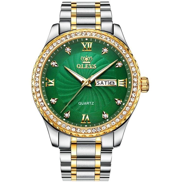 Two-tone stainless steel wristwatch with green dial, crystal bezel, and Roman numerals