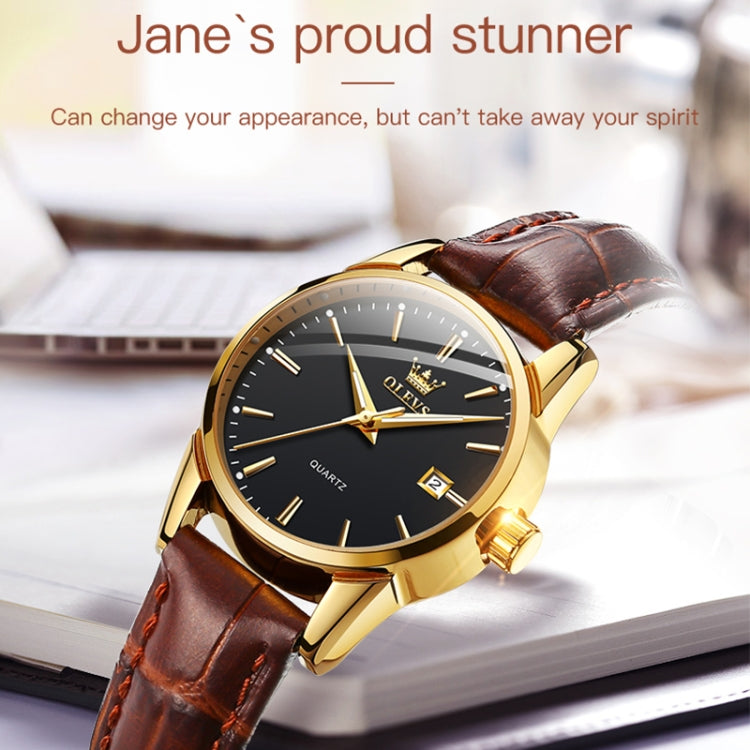 Brown leather strap quartz watch with black dial, gold-tone markers and date window