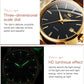 Close-up of black-dial wristwatch with gold-tone case, markers, and date window