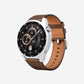 PC watch protective case with tempered glass, silver case and brown leather watch band