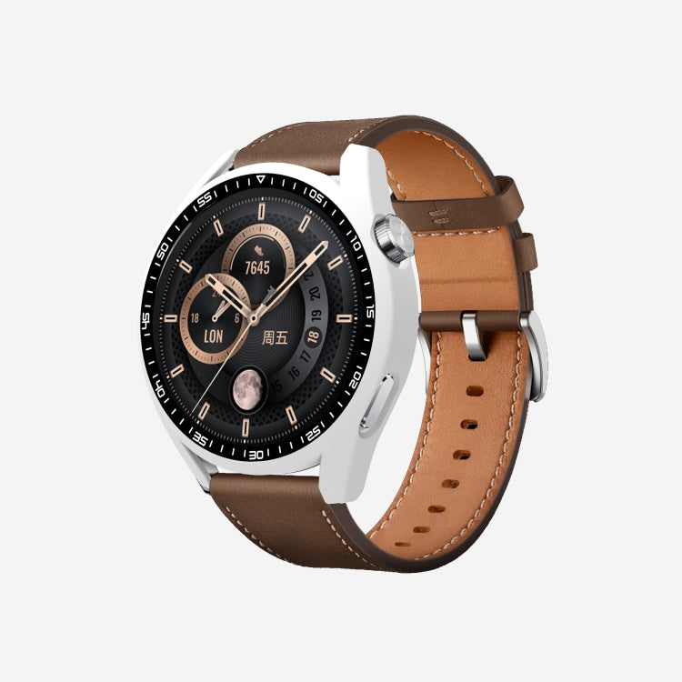 PC watch protective case with tempered glass, silver case and brown leather watch band