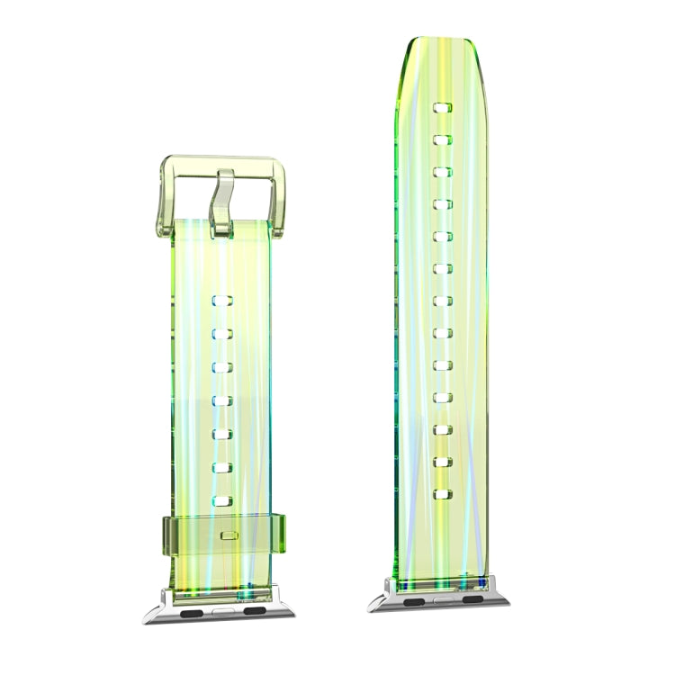 Transparent green silicone watch band, front and side views with clasp and holes