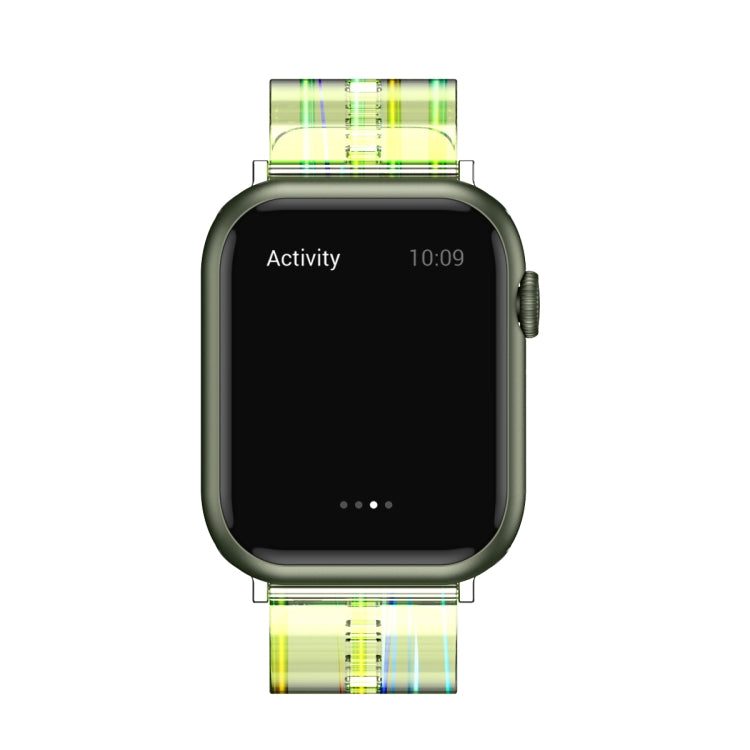 Apple Watch with transparent green silicone band and clasp, showing strap adjustment holes