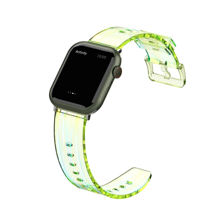 Transparent green silicone watch band with clasp, shown with Apple Watch side profile