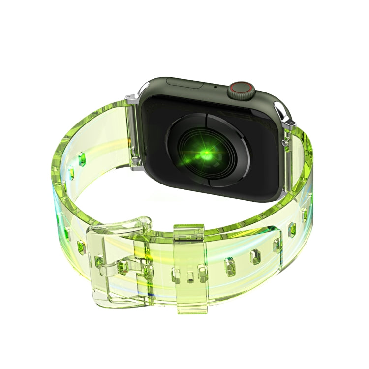 Transparent green silicone watch band around Apple Watch, close-up of clasp and strap links