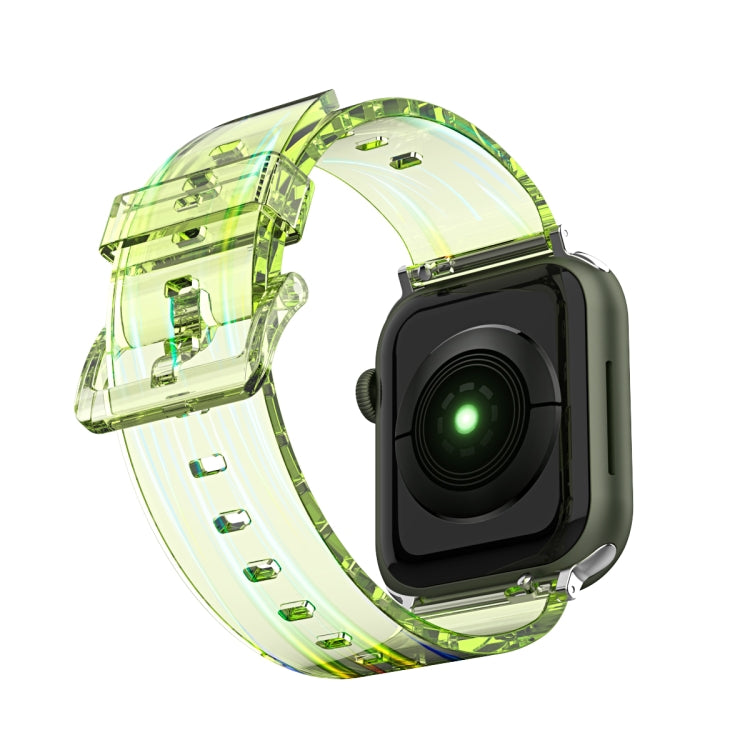 Angled view of transparent green silicone watch band with clasp and adjustment holes