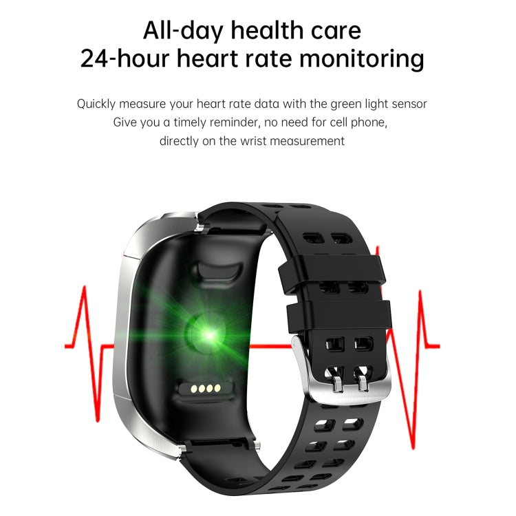 Black smartwatch with heart-rate style display and perforated silicone band