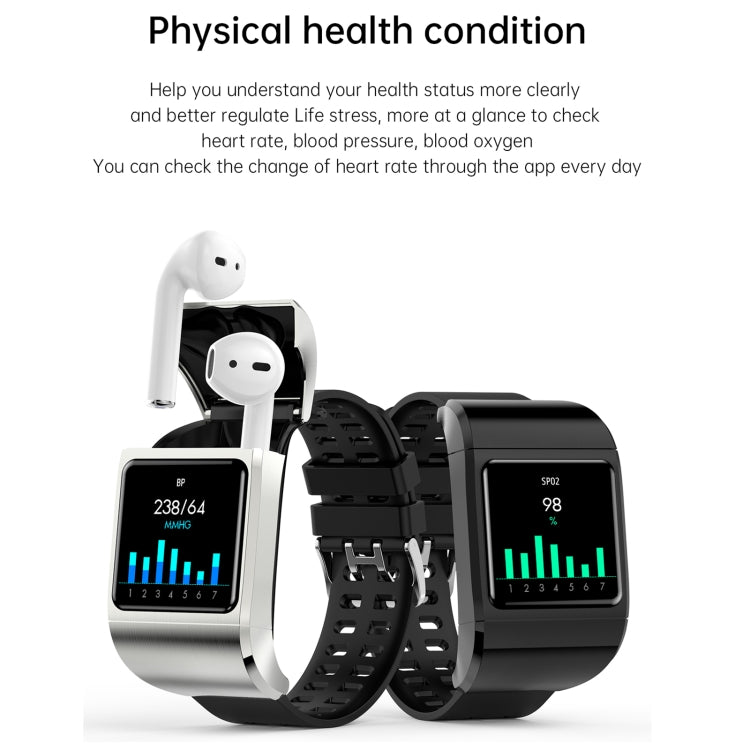 Dual smartwatch view: silver and black models with rectangular screens and bands