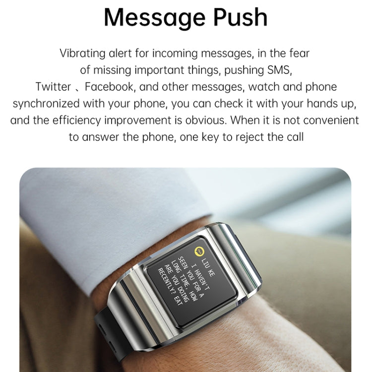 Silver smartwatch with black strap worn on arm, rectangular screen visible