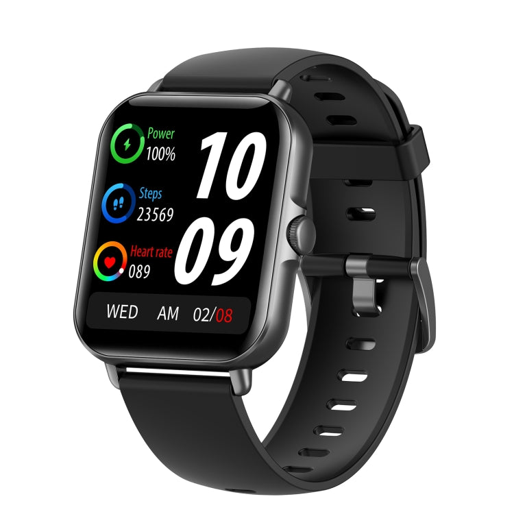 Black smartwatch with activity stats screen, power, steps, and heart-rate icons