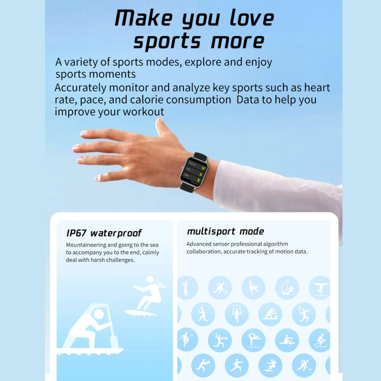 Smartwatch on wrist showing sports mode stats, with IP67 waterproof label