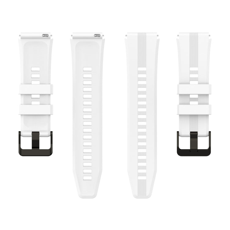 White silicone watch band showing strap ridges and protruding clasp mounts