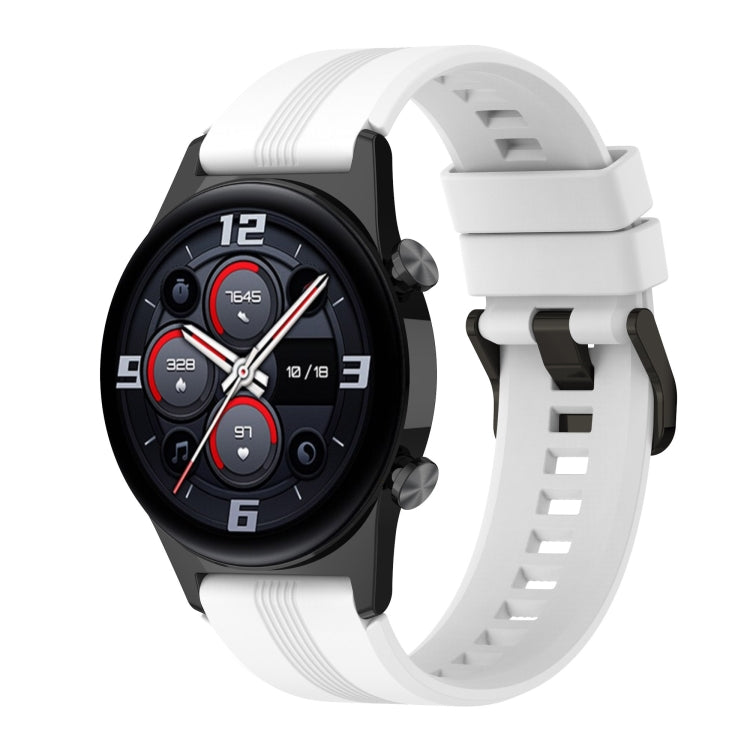 White silicone watch band on smartwatch, striped strap with protruding clasp