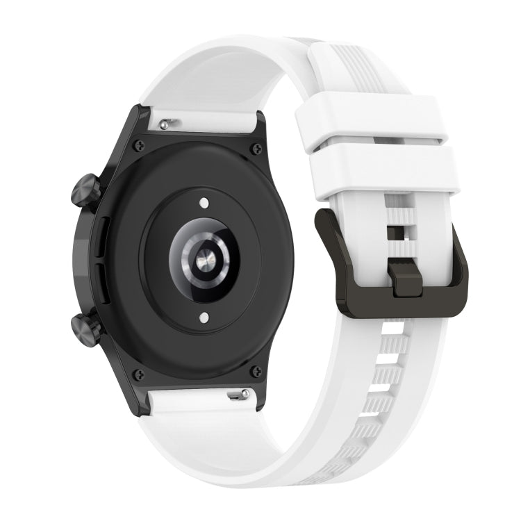 White silicone watch band with striped strap pattern and black connector housing