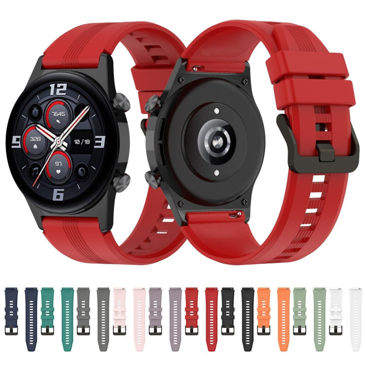 22mm striped silicone watch band, red, with metal buckle and striped links