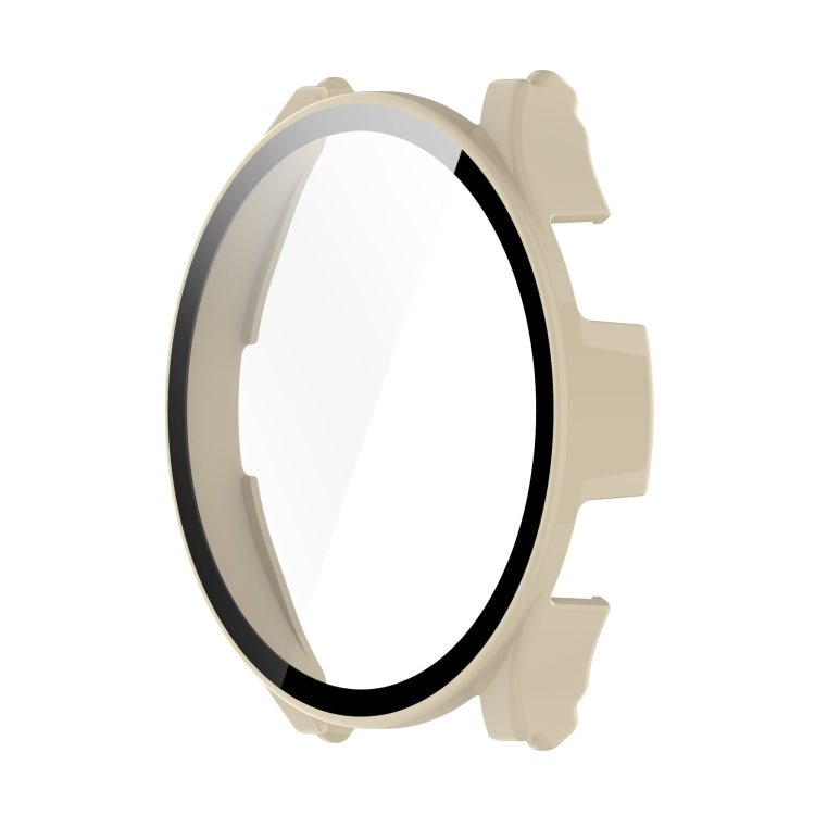 Tempered glass watch case with ivory/beige frame and raised protective ridges