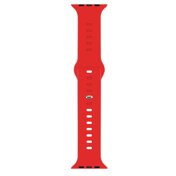 Red liquid silicone watchband with pin-and-loop buckle and perforation holes.