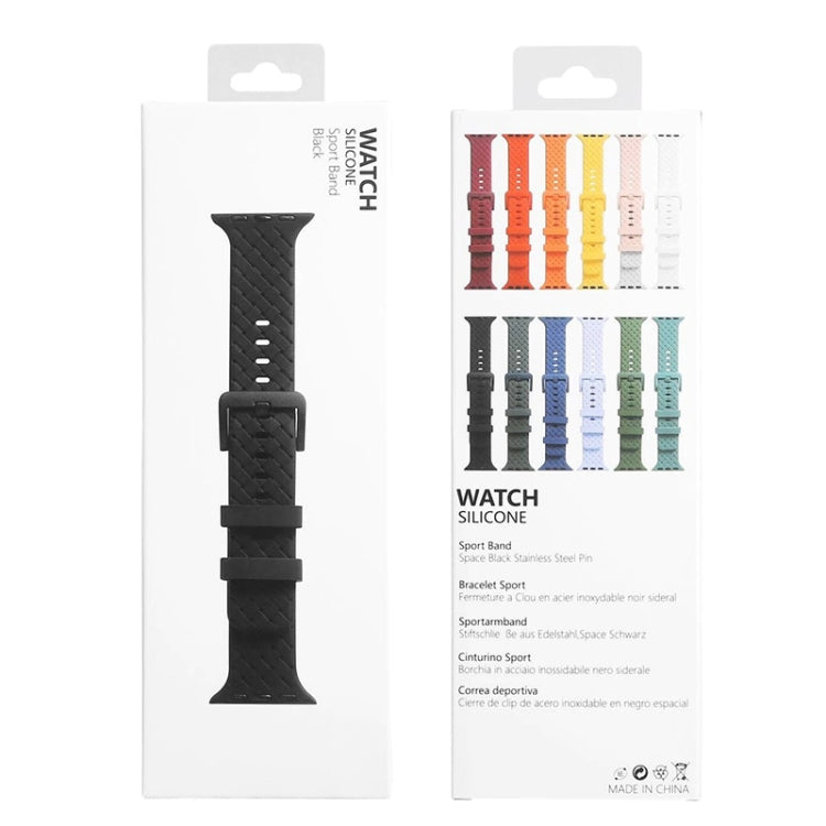 Watchband packaging showing black braided silicone band and color options