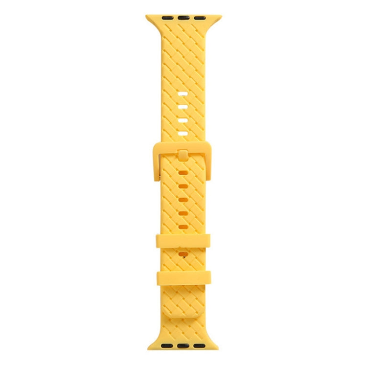 Yellow braided silicone watch band with clasp and perforated holes for Apple Watch