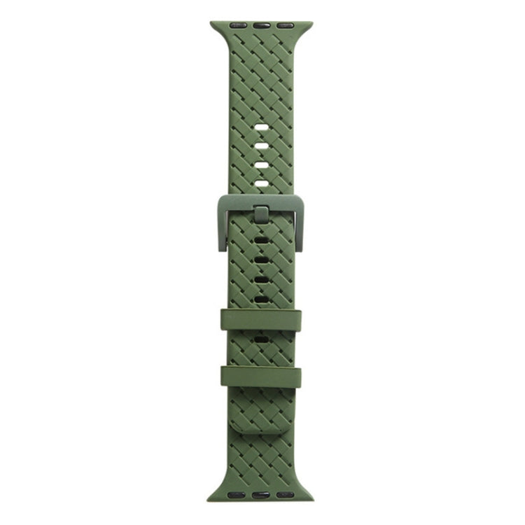 Dark green braided silicone watch band with buckle and strap holes, for smartwatch wear