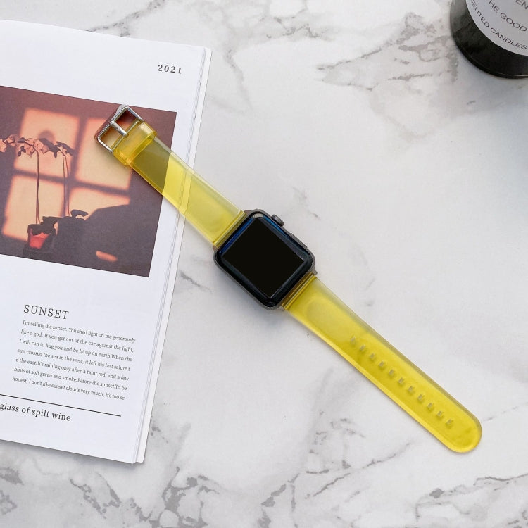 Yellow transparent jelly Apple Watch strap with metal buckle and black smartwatch face