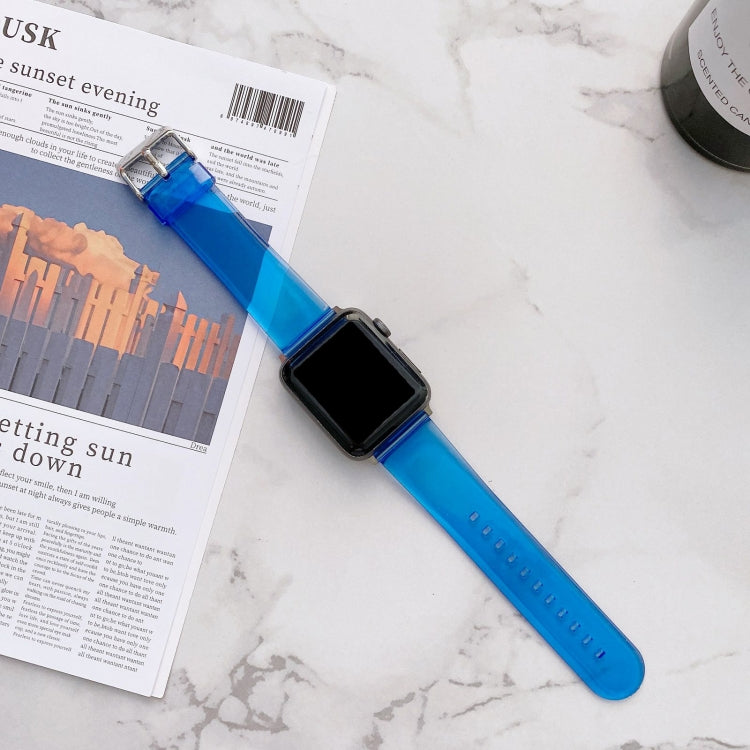 Royal blue transparent jelly Apple Watch strap with metal buckle and black smartwatch face