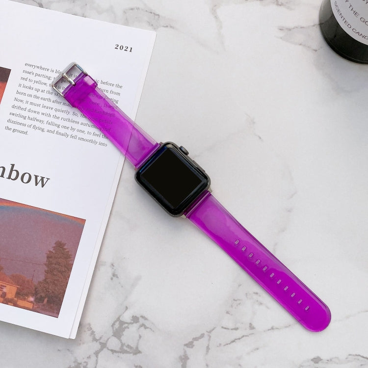 Purple transparent jelly Apple Watch strap with metal buckle and black smartwatch face