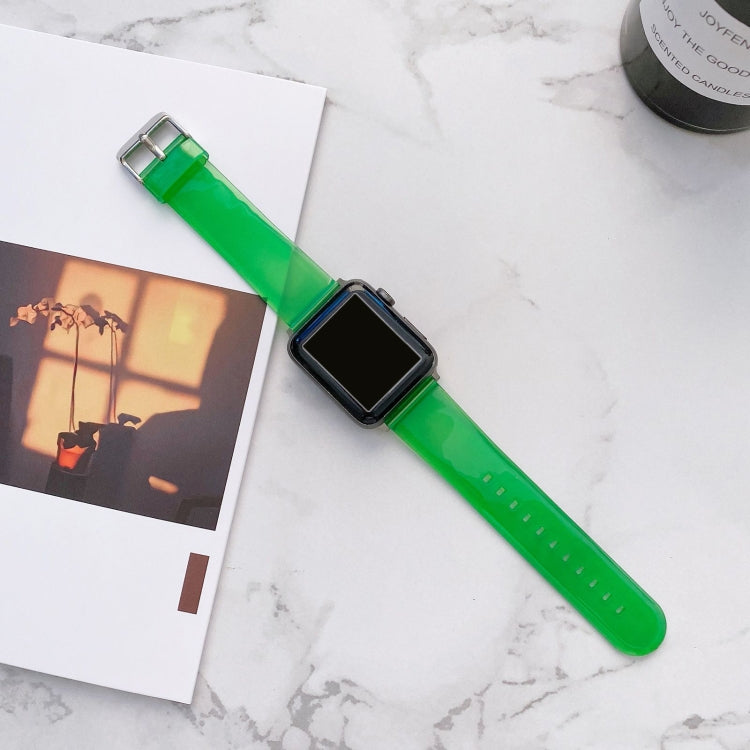 Light green transparent jelly Apple Watch strap with metal buckle and black smartwatch face