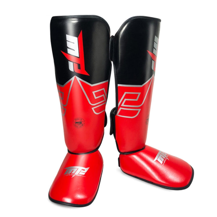 Red and black shin and ankle boxing leg guards with lace strap closure