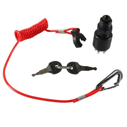 Boat ignition switch key with lanyard, red coiled cord and black key switch housing