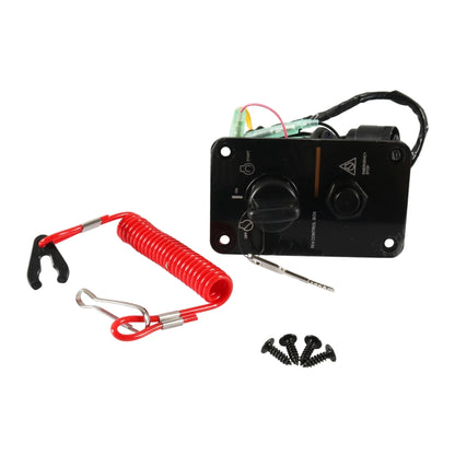 Yamaha outboard key switch panel kit with black housing, keys, wiring harness, red lanyard spring