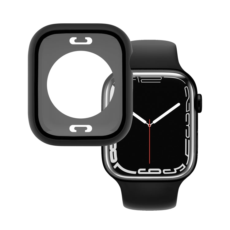 Black waterproof watch case with tempered glass film, front protective panel