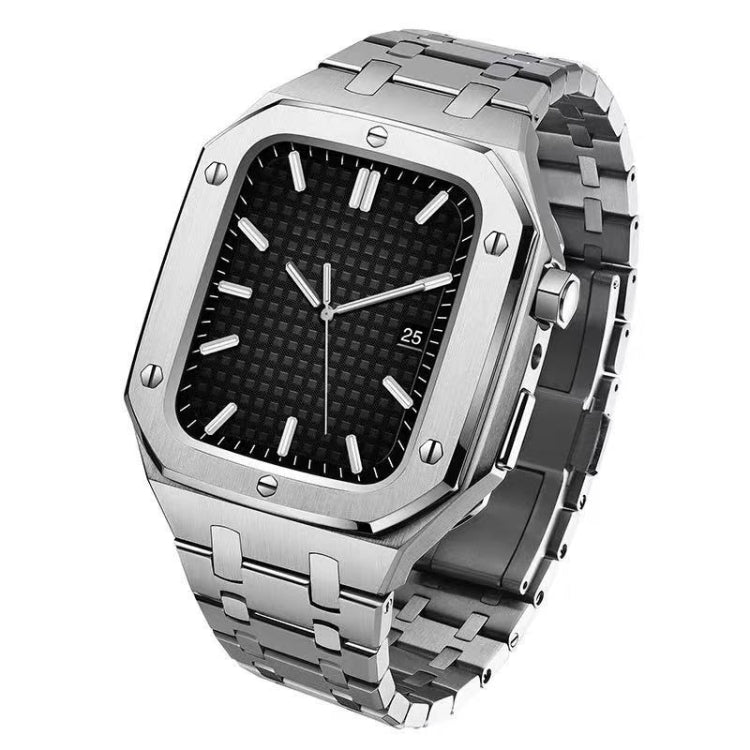 Silver metal watch case with black textured dial and baton markers, link bracelet