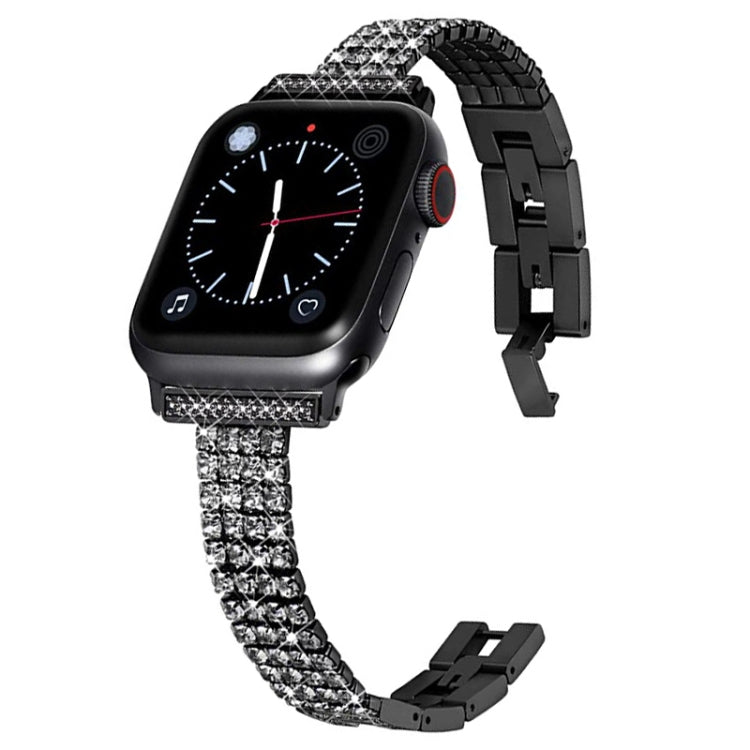 Diamond-set metal watch band for Apple Watch, black four-row crystal style with clasp links