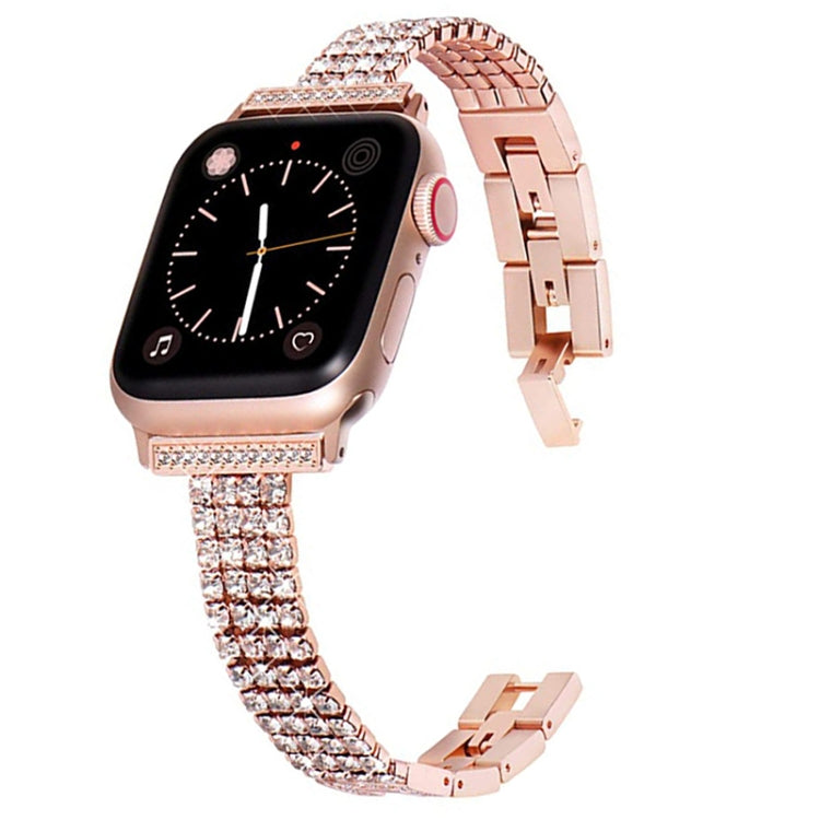 Diamond-set metal watch band for Apple Watch, rose gold four-row crystal strap with clasp