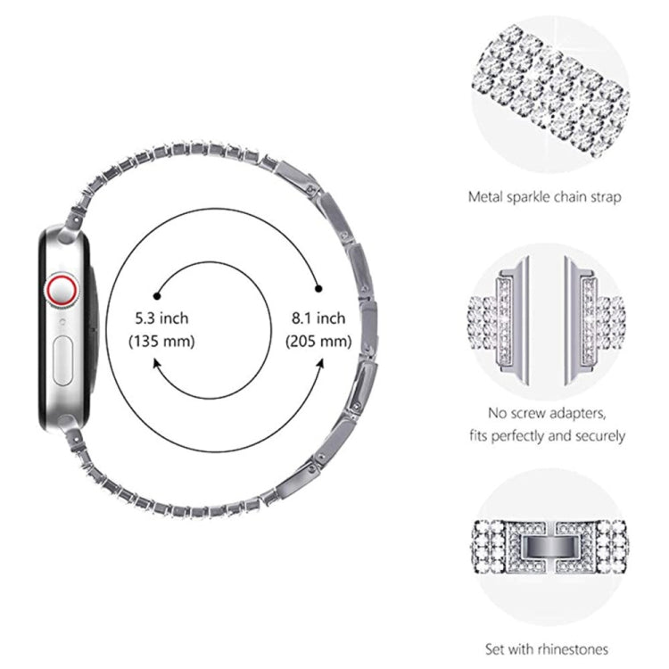 Diamond-set metal watch band for Apple Watch, silver sparkle chain strap with rhinestone panels