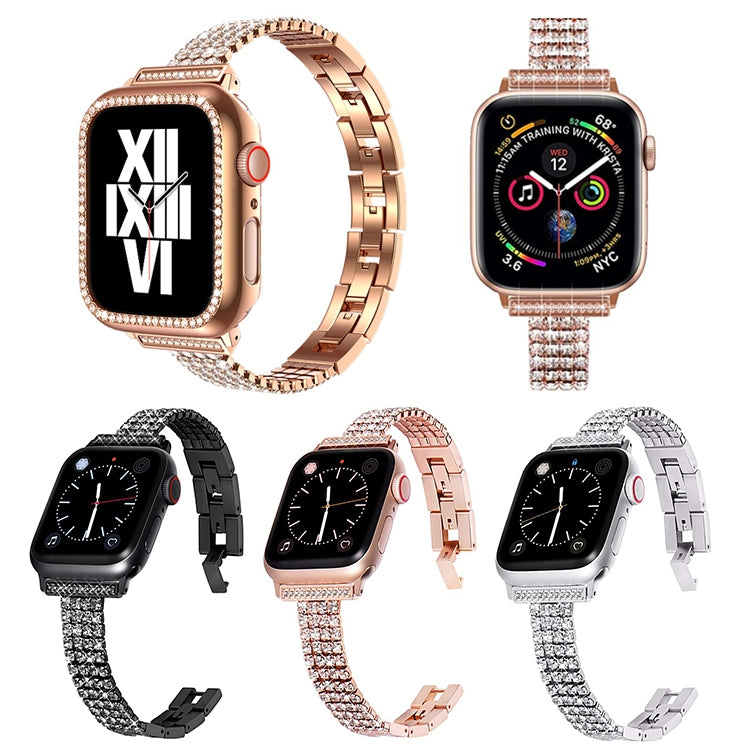 Four-row diamond metal watchband for Apple Watch in rose gold, silver, and dark styles