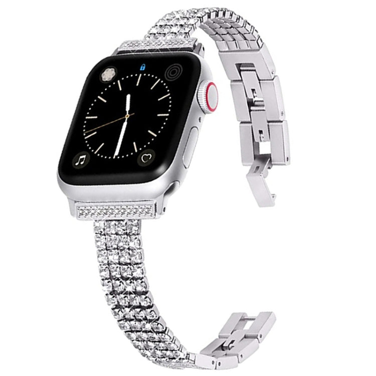 Diamond-set metal watch band for Apple Watch, silver four-row crystal strap shown front and back