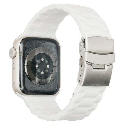 Three-bead watchband with white silicone links and silver metal clasp, shown on watch
